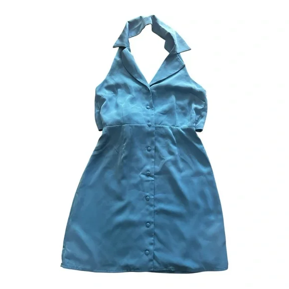 Lulus Extremely Chic Blue Collared Tie-Back Button-Up Mini Dress Size Small - Picture 3 of 9